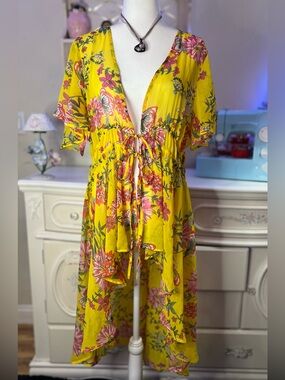 True Destiny Yellow Floral High-Low Tie-Front Dress